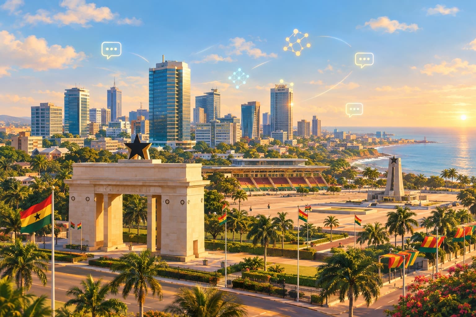 Illustration of the Accra skyline representing KenteCode AI Academy
